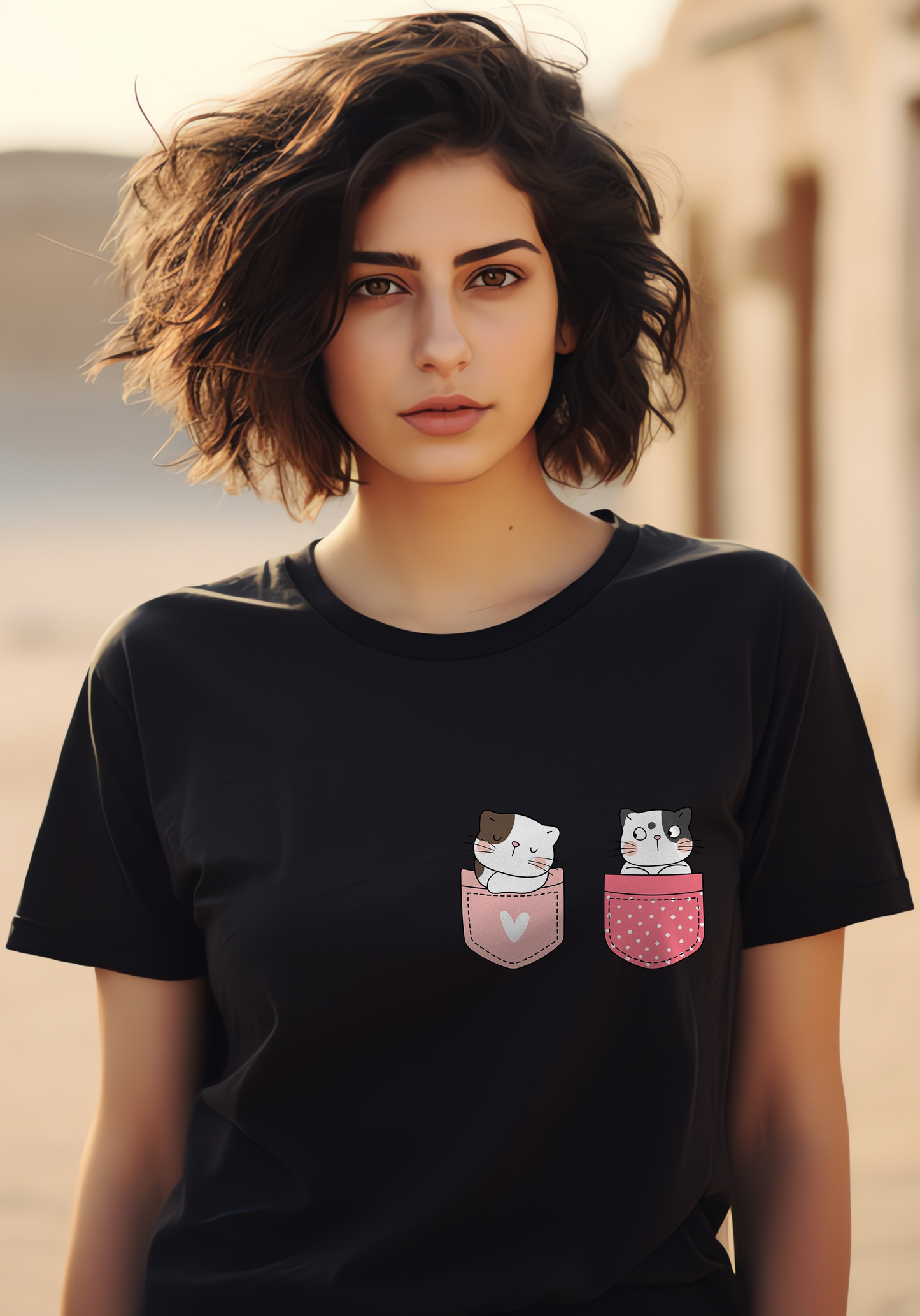 Women's Black Cute Puppy Pocket Graphic Printed T-shirt