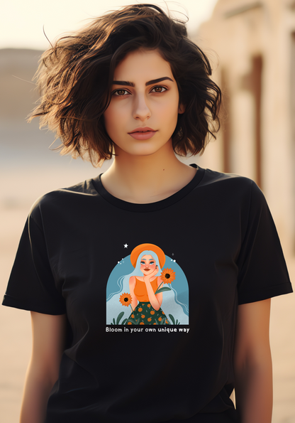 Women's Bloom Black Graphic Printed T-shirt