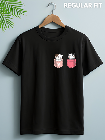 Women's Black Cute Puppy Pocket Graphic Printed T-shirt